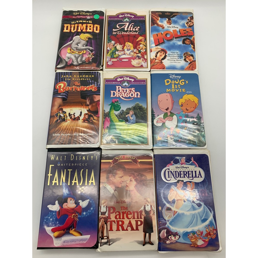 Disney VHS 9 Movies Alice Wonderland Dumbo Fantasia Cinderella Holes‎ Clamshell